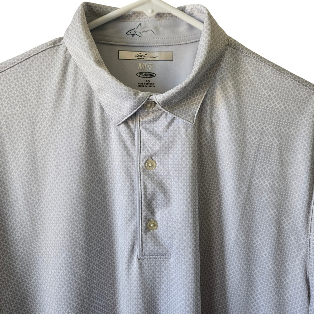 Greg Norman ML75 Play Dry Mens Large Polo Shirt Grey Geometric Print Golf Top